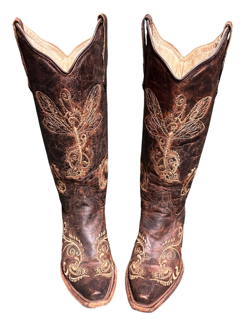Vintage Distressed Circle G Brown Dragonfly Embroidered Western Cowboy Boots